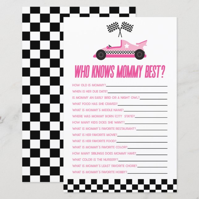 Pink Race Car Who Knows Mommy Baby Shower Game (Front/Back)