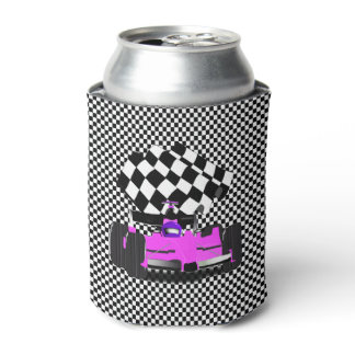 Pink Race Car with Checkered Flag Can Cooler