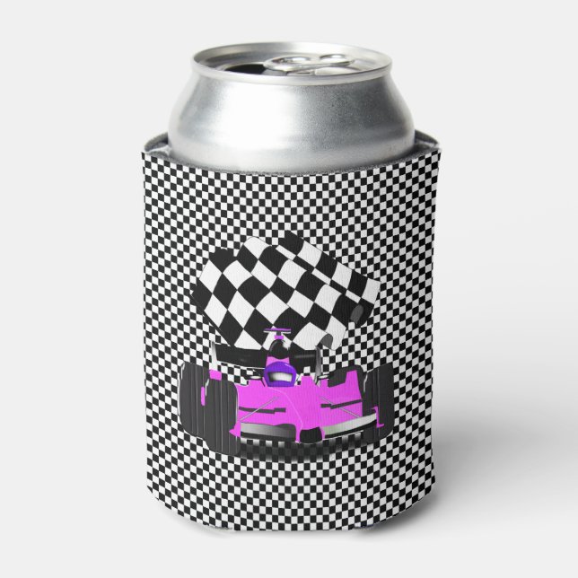 Pink Race Car with Checkered Flag Can Cooler (Can Front)