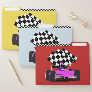 Pink Race Car With Checkered Flag File Folder