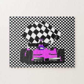 Pink Race Car With Checkered Flag Jigsaw Puzzle by gravityx9 at Zazzle
