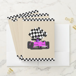 Pink Race Car With Checkered Flag Pocket Folder