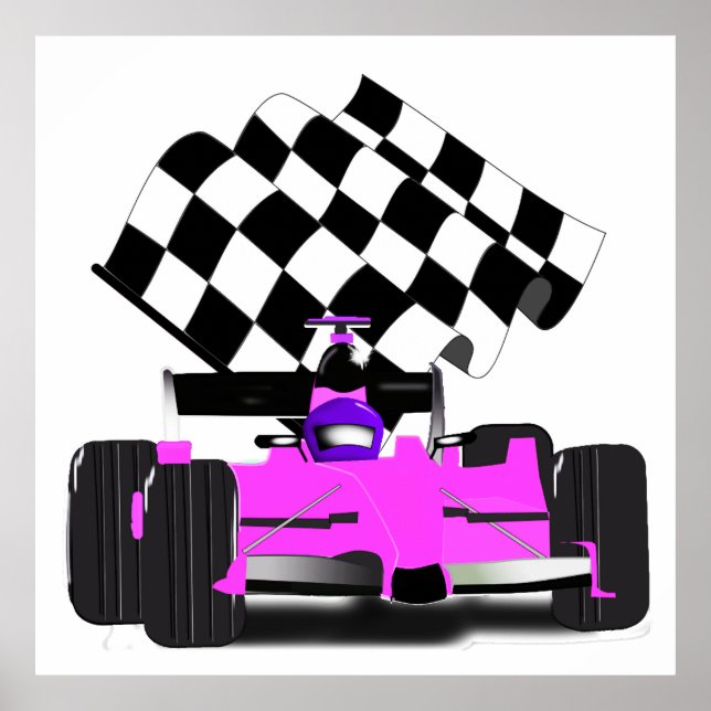 Pink Race Car with Checkered Flag Poster (Front)