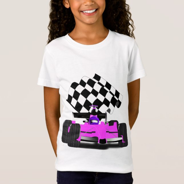 Pink Race Car with Checkered Flag T-Shirt (Front)