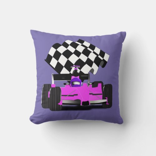 Pink Race Car with Checkered Flag Throw Pillow