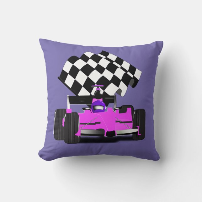 Pink Race Car with Checkered Flag Throw Pillow (Front)