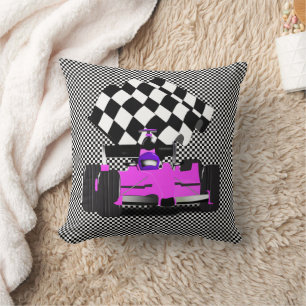 Pink Race Car with Checkered Flag Throw Pillow