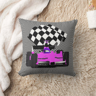 Pink Race Car with Checkered Flag Throw Pillow