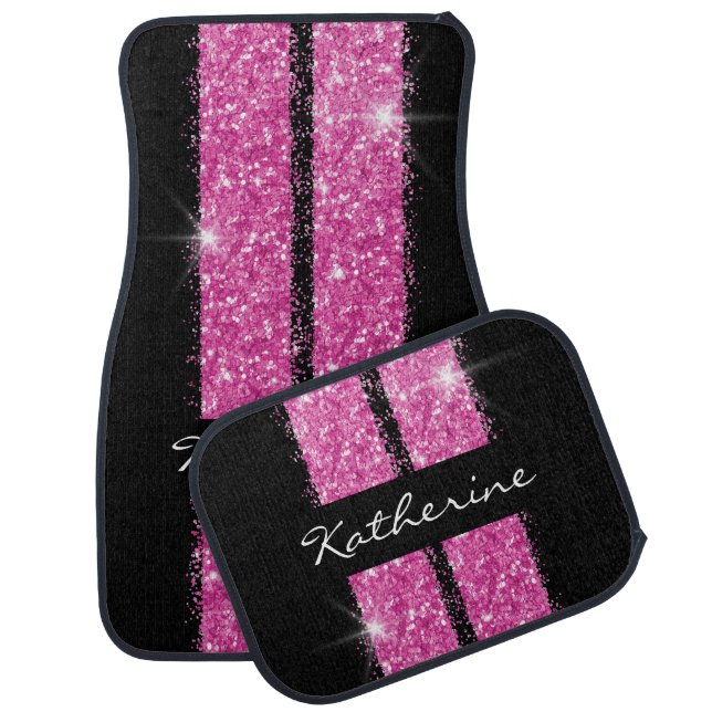 Pink Race Stripe Glitter Personalized Car Floor Mat (Set)