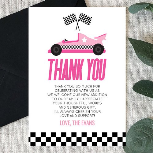 Pink Racecar Race Car Baby Shower Thank You Card