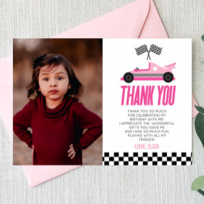 Pink Racecar Race Car Custom Photo Birthday Party Thank You Card