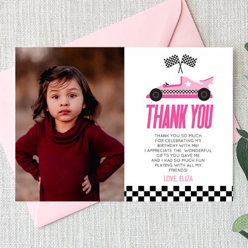 Pink Racecar Race Car Custom Photo Birthday Party Thank You Card