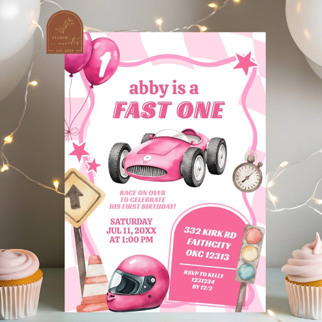 Pink Racing Car Fast One Girl First Birthday Invitation (Creator Uploaded)