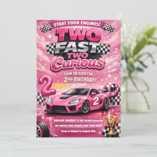 Pink Racing Car Two Fast Two Curious 2nd Birthday Invitation