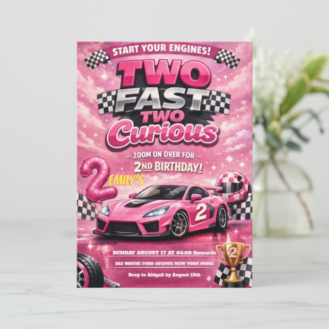 Pink Racing Car Two Fast Two Curious 2nd Birthday  Invitation (Standing Front)