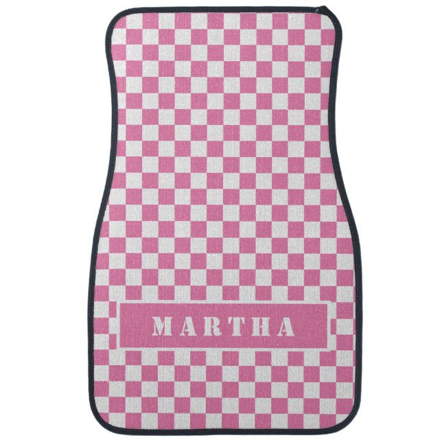 Pink Racing Karting Checkered Personalized Car Mat (Front)