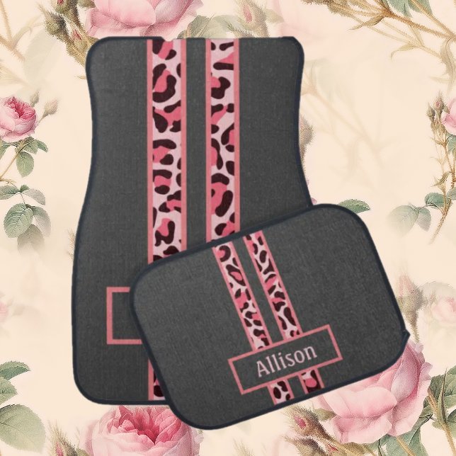 Pink Racing Stripes Leopard Print Car Floor Mat (Creator Uploaded)