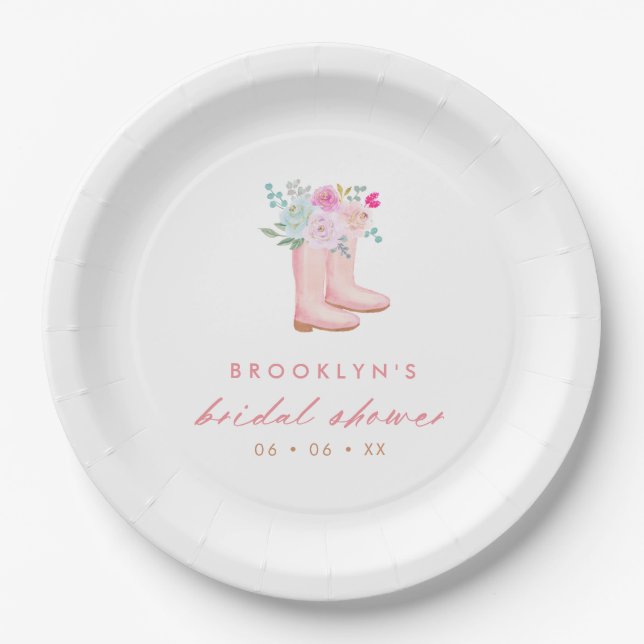 Pink Rain Boots & Flowers Bridal Shower  Paper Plates (Front)