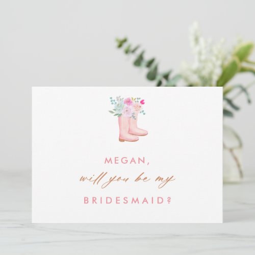 Pink Rain Boots  Flowers Bridesmaid Proposal Card