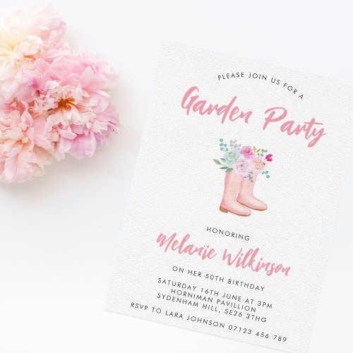 Pink Rain Boots  Flowers Garden Party Birthday Invitation