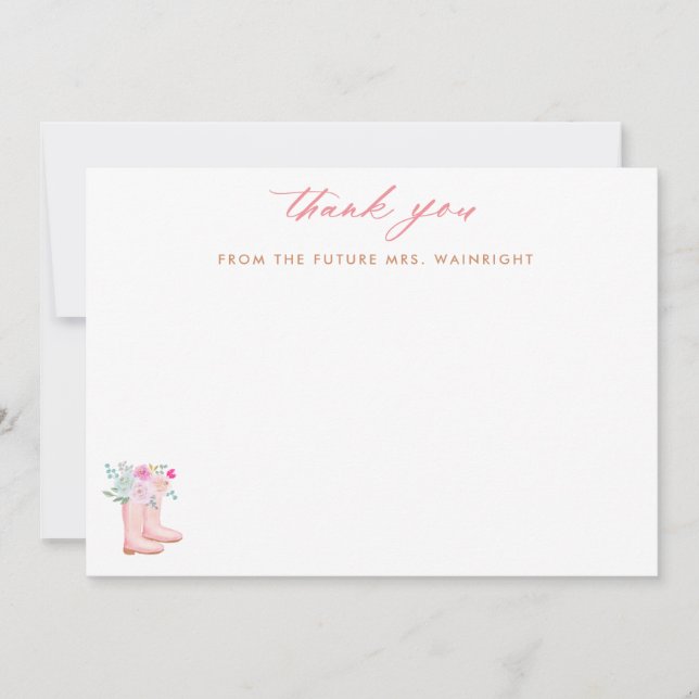 Pink Rain Boots & Flowers Script Future Mrs Thank You Card (Front)