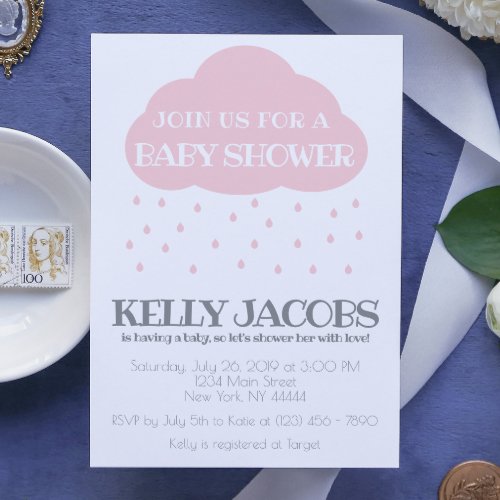 Pink Rain cloud Baby Shower with Love Invitation