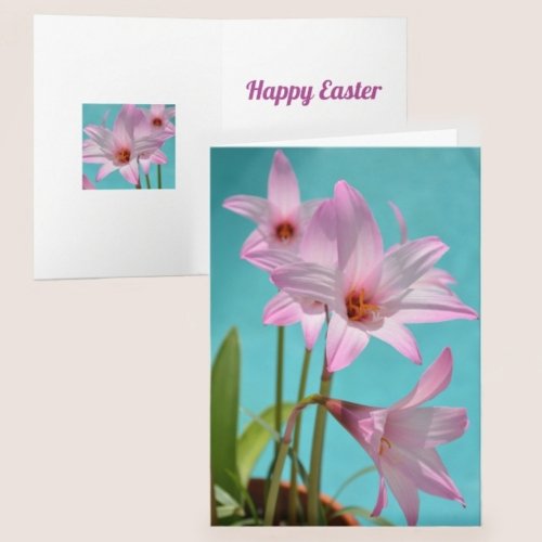 Pink Rain Lilies Blue Photographic Easter Card