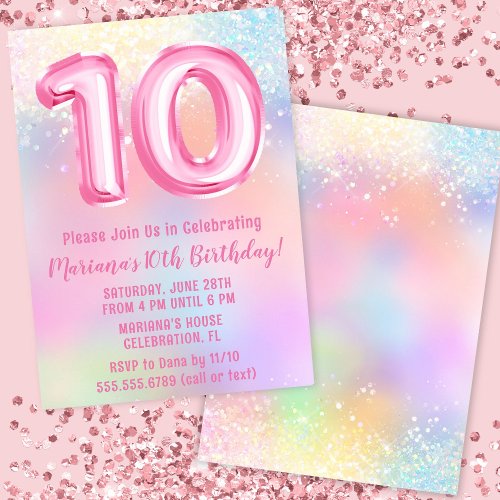 Pink Rainbow 10th Birthday Invitation