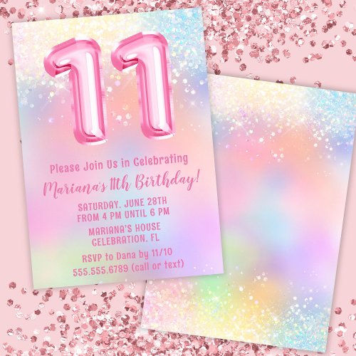 Pink Rainbow 11th Birthday Invitation