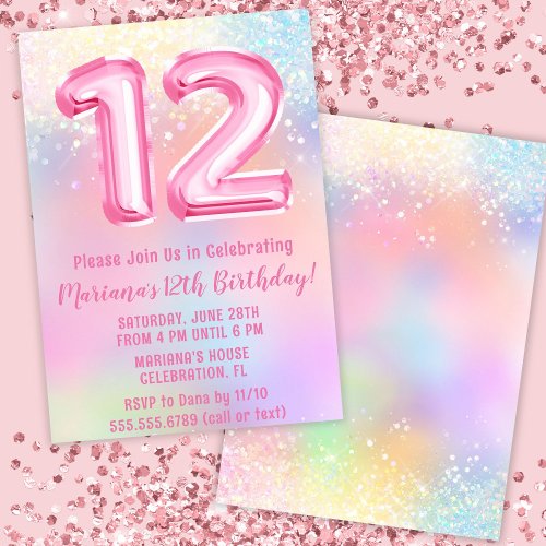 Pink Rainbow 12th Birthday Invitation
