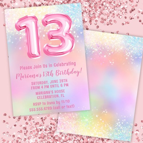 Pink Rainbow 13th Birthday Invitation