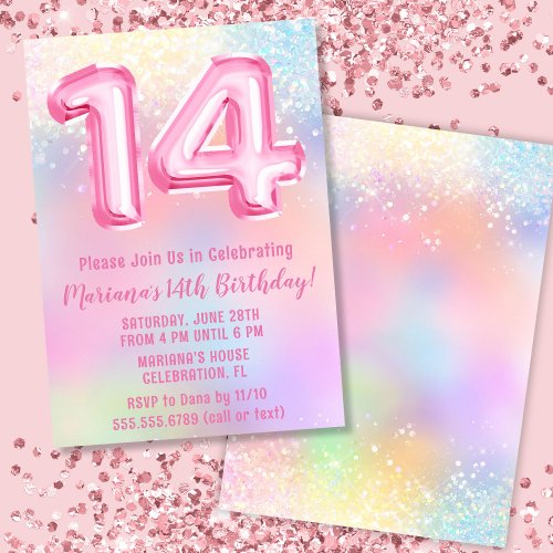 Pink Rainbow 14th Birthday Invitation