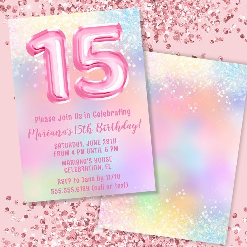 Pink Rainbow 15th Birthday Invitation