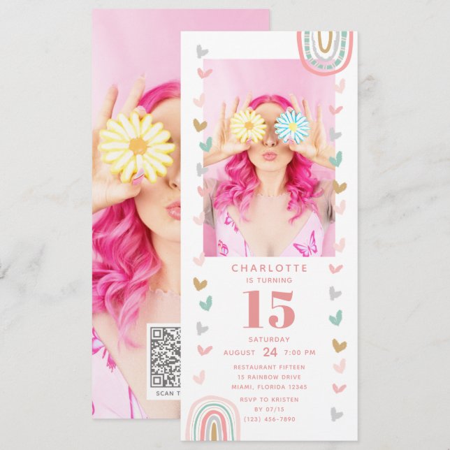Pink Rainbow 15th Modern Photo Birthday Party Invitation (Front/Back)