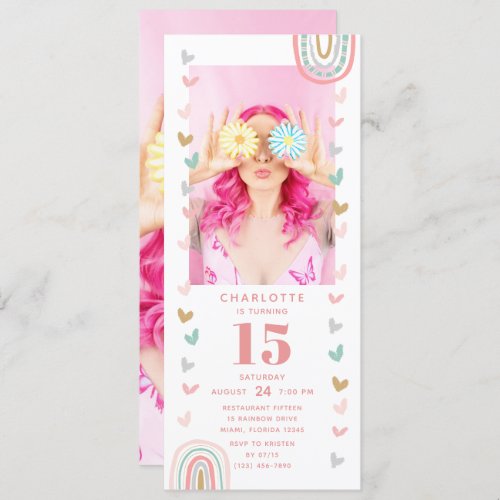 Pink Rainbow 15th Modern Photo Birthday Party Invitation