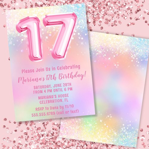 Pink Rainbow 17th Birthday Invitation