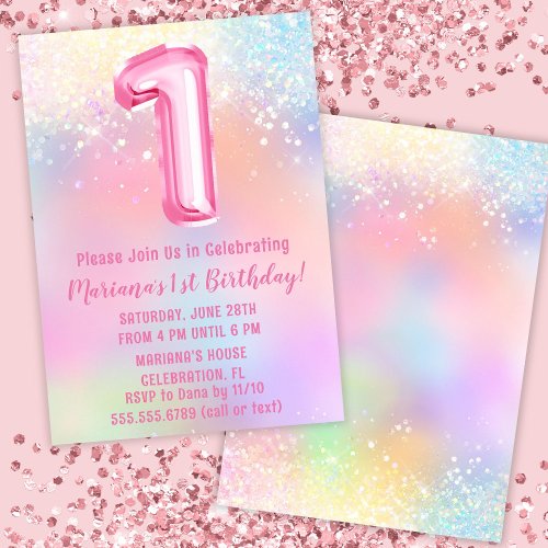 Pink Rainbow 1st Birthday Invitation