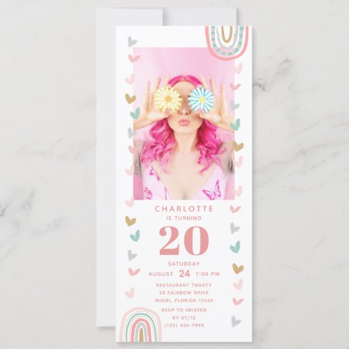 Pink Rainbow 20th Modern Photo Birthday Party Invitation