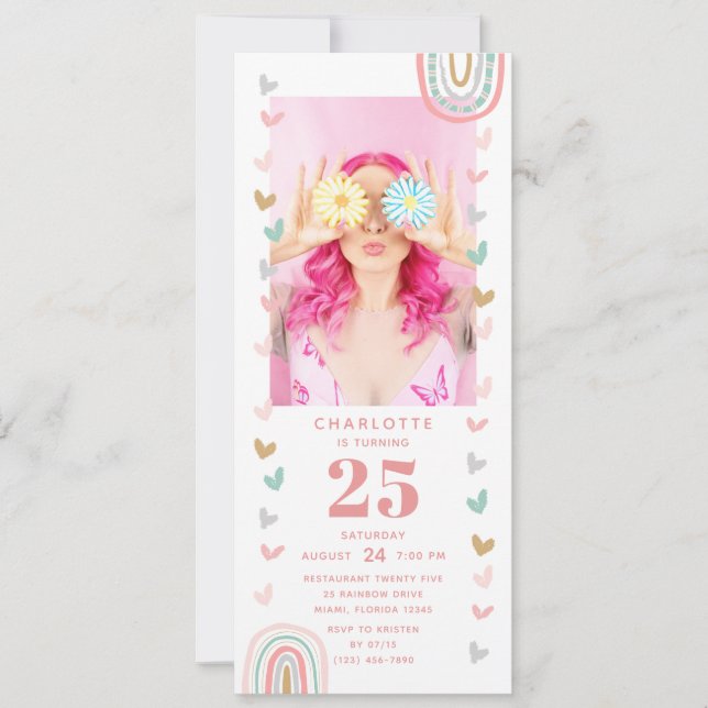 Pink Rainbow 25th Modern Photo Birthday Party Invitation (Front)