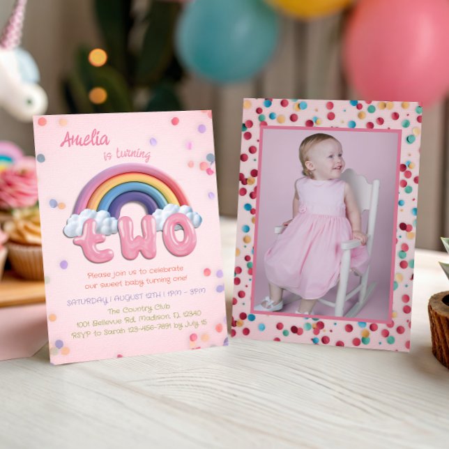 Pink Rainbow 2nd Birthday Invitation with Photo (Creator Uploaded)