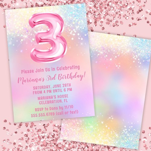Pink Rainbow 3rd Birthday Invitation