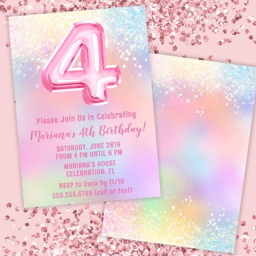 Pink Rainbow 4th Birthday Invitation