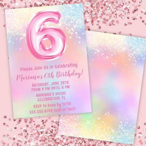 Pink Rainbow 6th Birthday Invitation