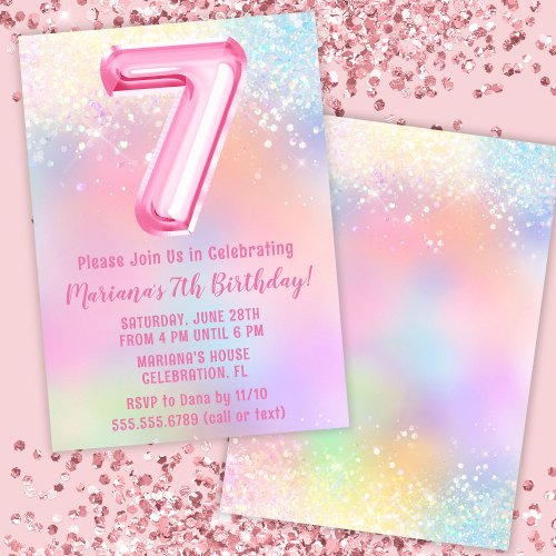 Pink Rainbow 7th Birthday Invitation