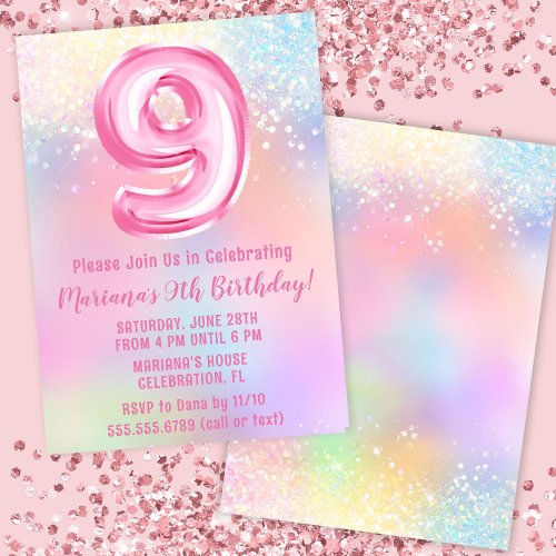 Pink Rainbow 9th Birthday Invitation
