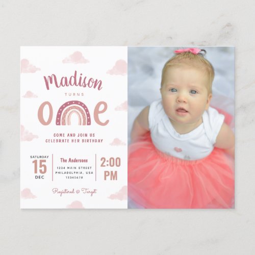 Pink Rainbow and Clouds First Birthday Invitation Postcard