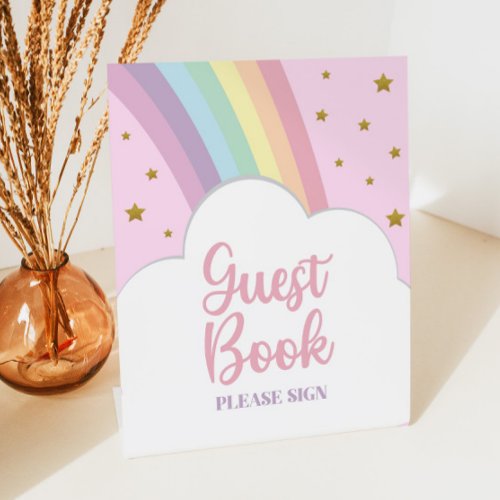 Pink Rainbow and Stars Guest Book Party Table Pedestal Sign