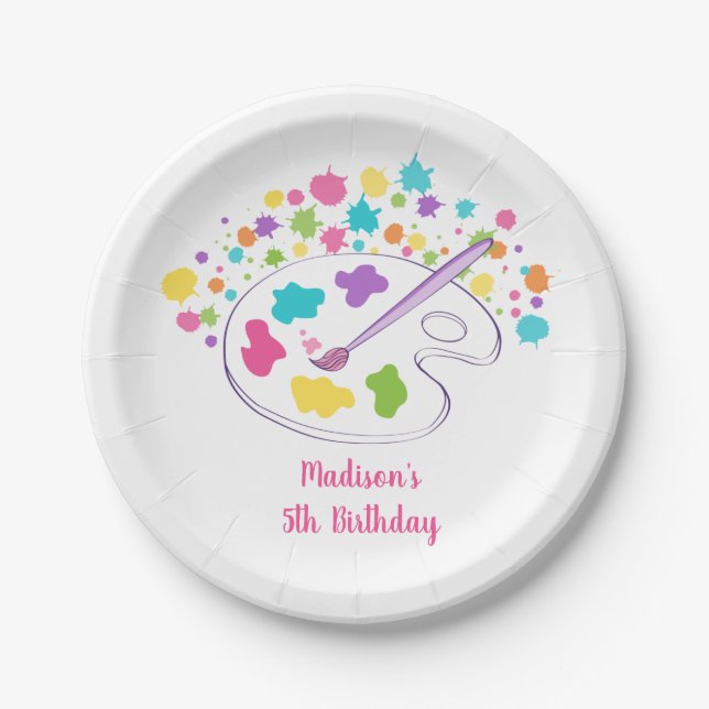 Pink Rainbow Art Party Birthday Paper Plates (Front)