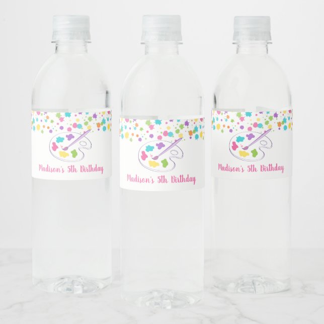 Pink Rainbow Art Party Birthday Water Bottle Label (Bottles)