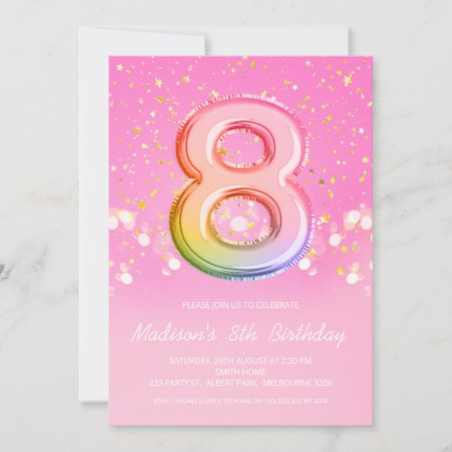 Pink Rainbow Balloon Letter Number Eighth Birthday Invitation